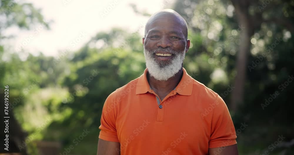 Smile, nature and face of senior man in outdoor park or field for fresh air with exercise. Happy, fitness and portrait of elderly African male person with positive attitude for workout in garden. Smile, nature and face of senior man in outdoor park or field for fresh air with exercise. Happy, fitness and portrait of elderly African male person with positive attitude for workout in garden.