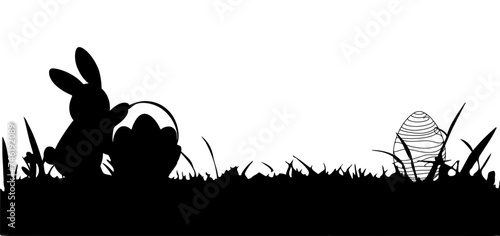 Happy easter egg day with kids, bunny. Rabbit and grass silhouette seamless on transparent background