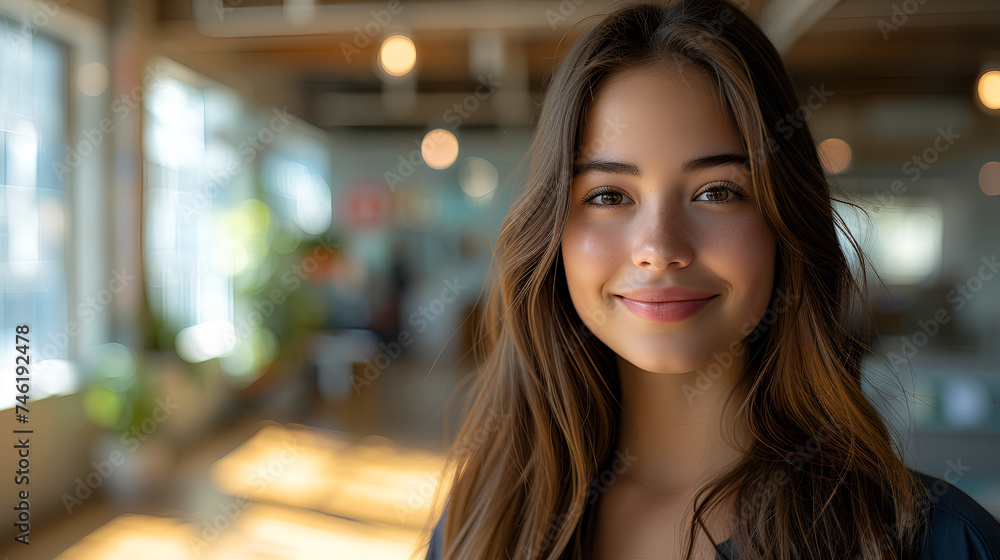 Smiling and confident female office associate - close-up shot - open office - profile shot - open office - bright space Smiling and confident female office associate - close-up shot - open office - profile shot - open office - bright space