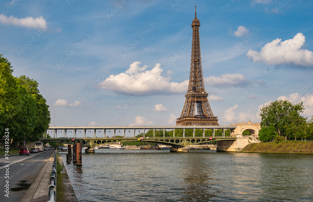 Paris France, city skyline at Eiffel Tower and Seine River with Bir-Hakeim Bridge