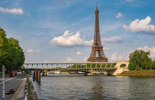 Paris France, city skyline at Eiffel Tower and Seine River with Bir-Hakeim Bridge