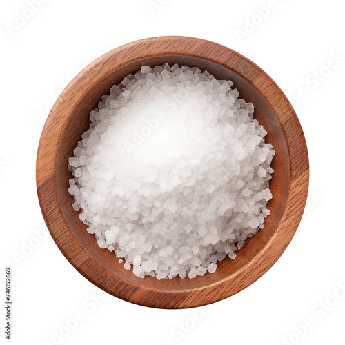 Sea salt in a wooden bowl top view isolated on transparent background Remove png, Clipping Path, pen tool