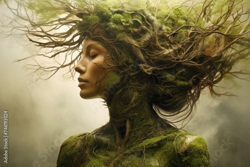 Portrait of mother Earth with tree roots and plants. International Mother Earth Day. Environment and conservation concept. Environmental problems and protection. Caring for nature and ecology photo