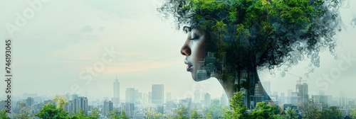 Double exposure portrait of african american woman with forest and city. World environment, Earth day. Environment and conservation concept. Environmental problems and protection. Nature and ecology