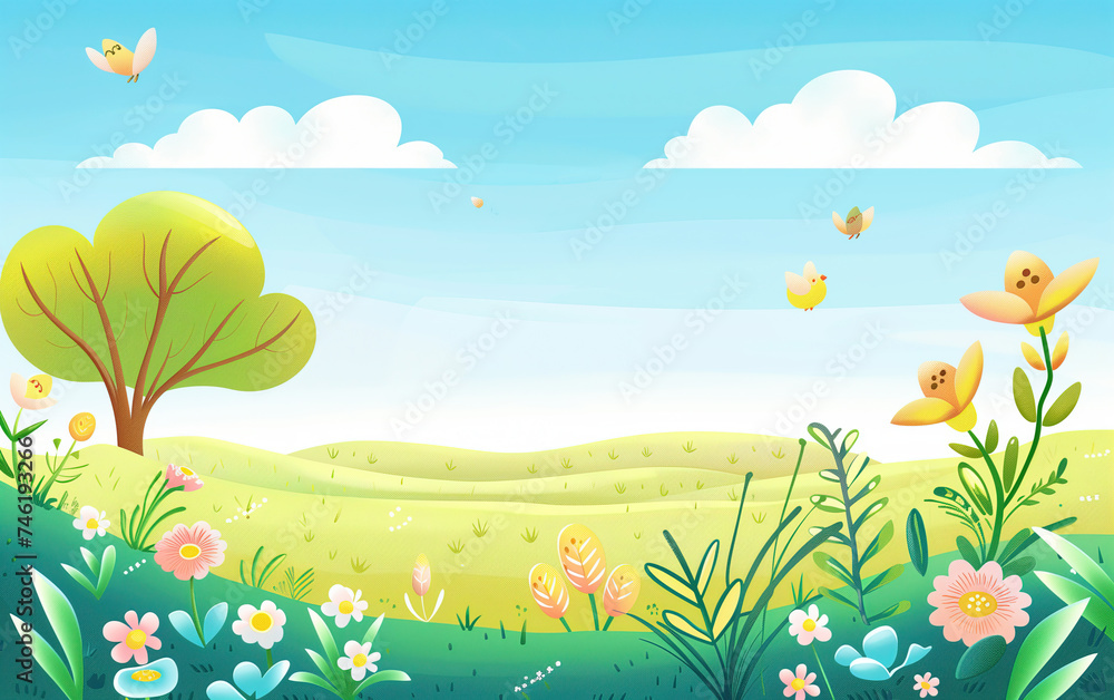 Spring field landscape illustration,created with Generative AI tecnology.
