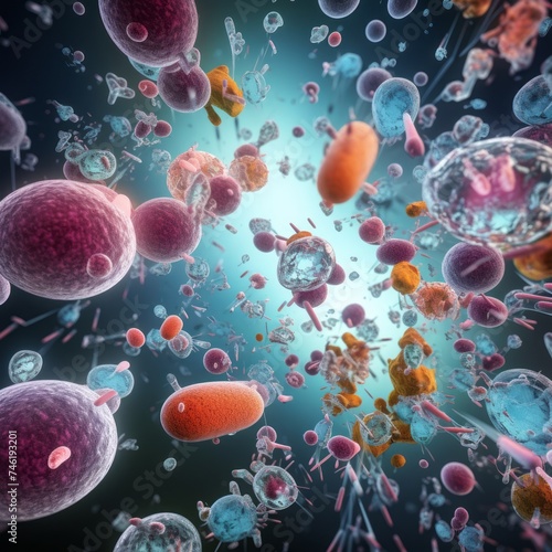 Abstract 3D illustration of biological elements like cells, DNA, and bacteria, possibly in a medical context