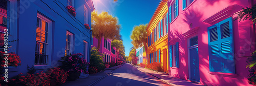 Illustration - painting - coastal home - bright - colorfiul - street - spring flowers - beach - inspired by the sights of Charleston South Carolina - banner - header - landscape 