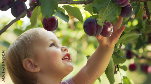 The satisfied grin on a childs face as they successfully pluck a plump and ripe plum from a tree their tiny hand reaching up towards the fruit. photo