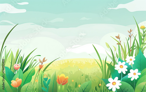 Spring field landscape illustration,created with Generative AI tecnology. 