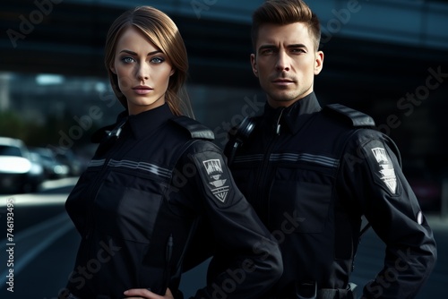 Photo of group Young police wearing police uniform happy face smiling with crossed arms looking at the camera. Generative AI. photo