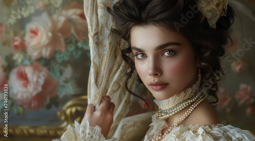 Elegant woman in Victorian attire with soft gaze in front of a floral backdrop, AI generated photo