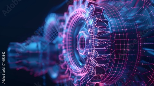 3D wireframe illustration of a gear on a dark blue background. Mechanical technology, industry development, engine work are machine engineering symbols. engine work, and business plan illustration.