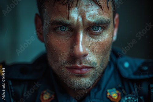 the arresting stare of a figure in police uniform, his visage eerily lifelike, weaving a tapestry of profound symbolism and enigmatic messages within the swirling whiplash curves of his portrait.