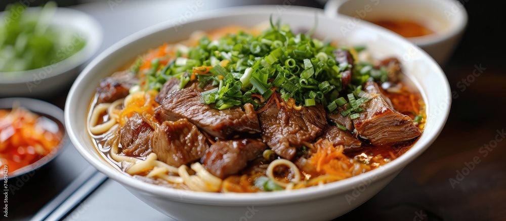 A bowl filled with Hong Kong style beef brisket rice noodles, featuring tender beef brisket, fragrant rice, and traditional noodles, accompanied by a variety of vegetables.