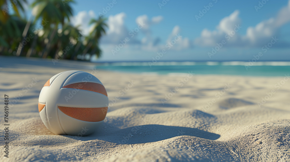 A colorful beach ball rests on the sandy beach, under the bright sun. Banner, copy space. Concept of active holiday on the beach in summer, school holidays. Palm trees and ocean in the background.