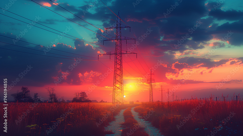 power lines at sunset. Buildings and Architecture. electricity, power, electric, energy, sky, tower, pylon, line, cable, voltage, high, wire, sunset, blue, industry, steel, electrical, technology, sup