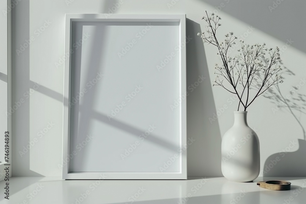 Vertical frame for mockup. Minimal room interior with mock up photo frame. Vertical frame for mockup. Minimal room interior with mock up photo frame.