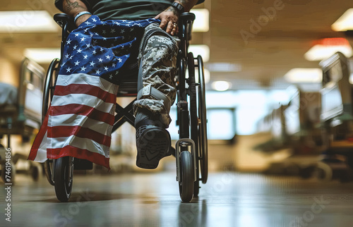 Close-up detail of man prosthetic leg in a wheelchair in a hospital, an American flag draped over his lap, Veterans day concept. Generated-AI