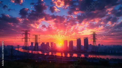 power lines at sunset. Buildings and Architecture. electricity  power  electric  energy  sky  tower  pylon  line  cable  voltage  high  wire  sunset  blue  industry  steel  electrical  technology  sup