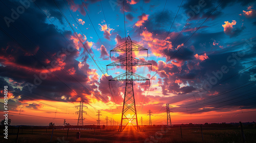 power lines at sunset. Buildings and Architecture. electricity, power, electric, energy, sky, tower, pylon, line, cable, voltage, high, wire, sunset, blue, industry, steel, electrical, technology, sup