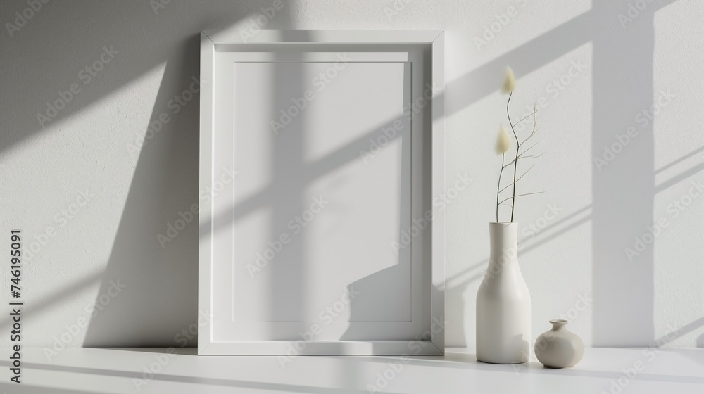 Vertical frame for mockup. Minimal room interior with mock up photo frame. Vertical frame for mockup. Minimal room interior with mock up photo frame.