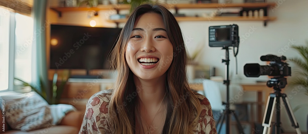 An Asian woman, dressed stylishly, is smiling happily as she records a video for her fashion blog. She is looking directly at the camera with a confident expression, showcasing her enthusiasm for An Asian woman, dressed stylishly, is smiling happily as she records a video for her fashion blog. She is looking directly at the camera with a confident expression, showcasing her enthusiasm for