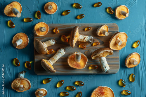 mushroom supplement tablets. Overhead view of mushrooms with herbal medicine pills
