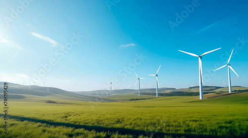 Wind turbines on field under clear sky. Generated-AI 