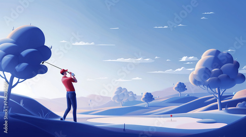 illustration, golfer on the golf course, hitting the ball with a club. Evening game. Banner, copy space. 3D style imitation. photo