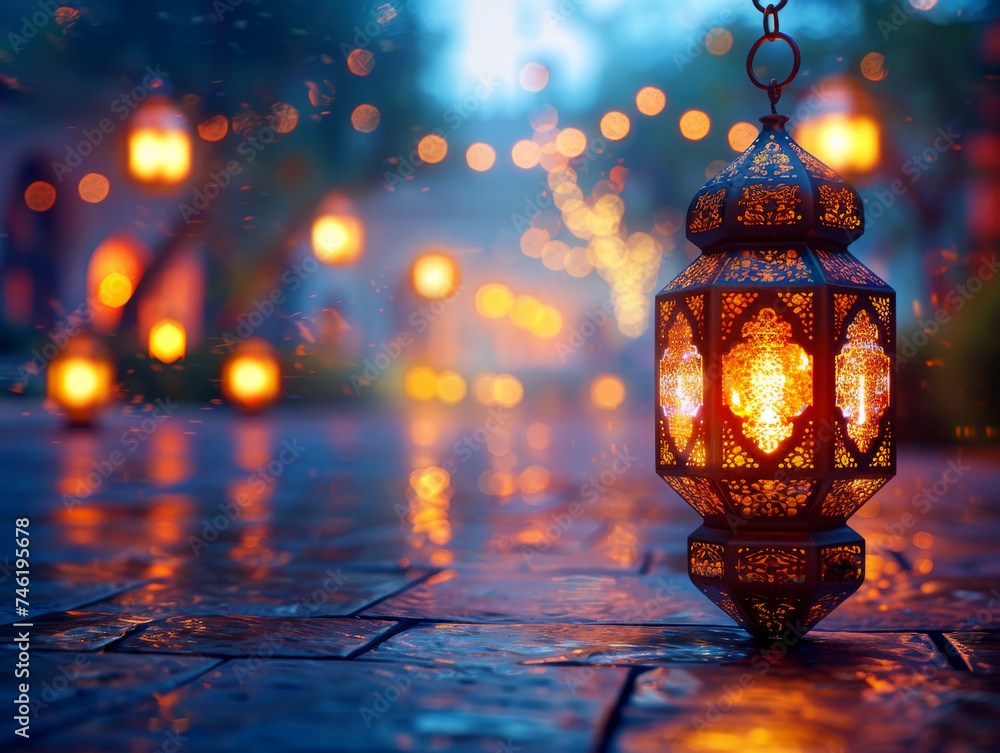 majestic beautiful ornamental Arabic lantern with burning candle glowing at night. Festive greeting card, invitation for Muslim holy month Ramadan Kareem. Generated-AI