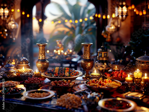 Ramadan kareem Iftar party table with assorted festive traditional Arab dishes. Generated-AI