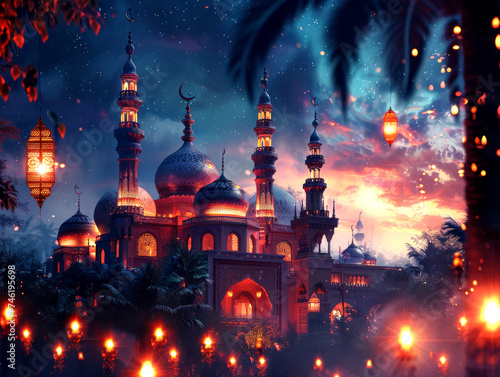 majestic beautiful ornamental Arabic lantern with burning candle glowing at night. Festive greeting card, invitation for Muslim holy month Ramadan Kareem. Generated-AI