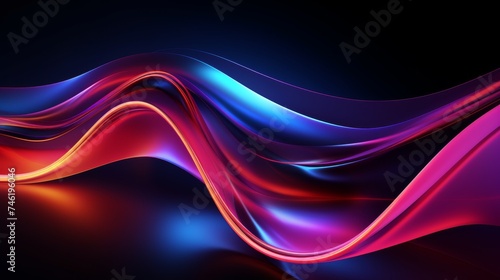 Fototapeta Naklejka Na Ścianę i Meble -  3D Render abstract fluid holographic iridescent neon curved wave in motion dark background