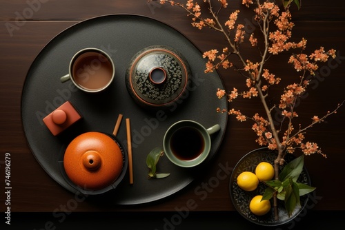 A still life image of a teapot, teacups, and lemons on a black table. The teapot is orange, and the teacups are green. The lemons are yellow, and there are also some green leaves on the table. A capti
