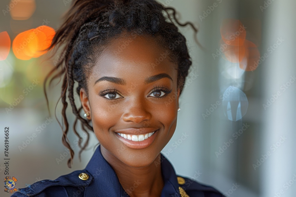 Obraz premium A cheerful young policewoman, adorned in her official uniform, beams with happiness as she gazes warmly into the camera.