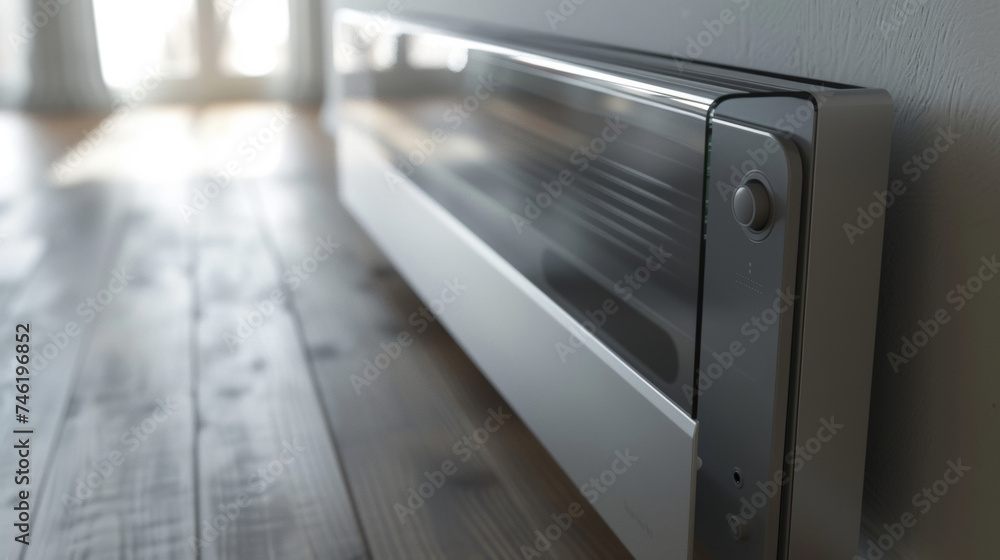 An angled view of a silver panel heater with a thin translucent protective cover over its heating element and control panel. An angled view of a silver panel heater with a thin translucent protective cover over its heating element and control panel.