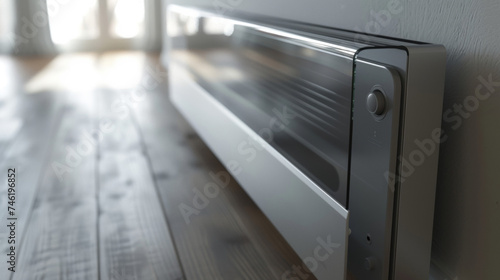 An angled view of a silver panel heater with a thin translucent protective cover over its heating element and control panel.