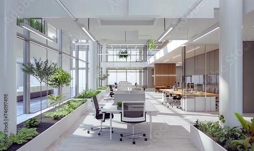 Dynamic office workspace with open-plan design  fostering collaboration and creativity