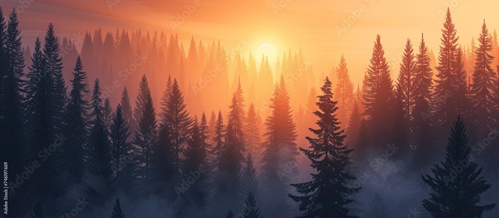 Pine trees cast a striking silhouette as the sun sets over a mist-filled forest. Pine trees cast a striking silhouette as the sun sets over a mist-filled forest.