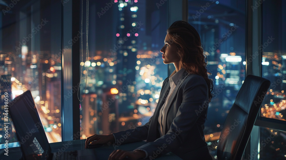 Successful Businesswoman in Stylish Suit Working on Top Floor Office Overlooking city in night. Successful Businesswoman in Stylish Suit Working on Top Floor Office Overlooking city in night.