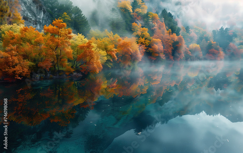 Autumn scenery of Jiuzhaigou Scenic Area, Sichuan, China,created with Generative AI tecnology. © henvryfo