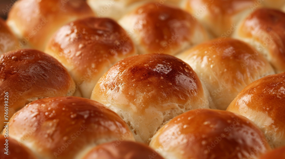 A closeup of golden brown dinner rolls freshly baked and steaming.