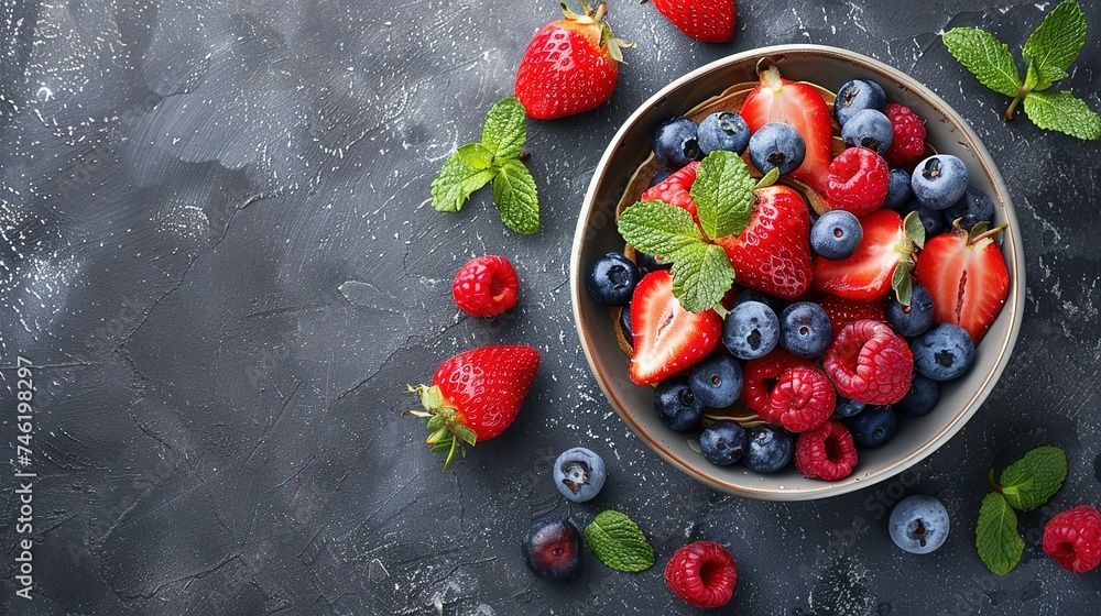 blueberries and raspberries, blackberry in a bowl on a dark concrete background blueberries and raspberries, blackberry in a bowl on a dark concrete background