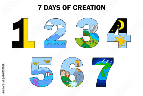 Biblical seven days, colorful numbers. Creation earth, sea, life. Educational religious series. Vector illustration. EPS 10.