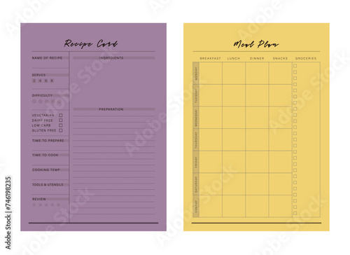 Recipe Card and Meal Planner. Vector illustration. 