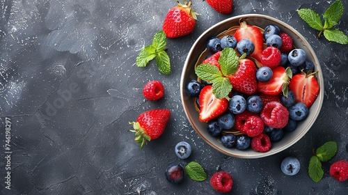 blueberries and raspberries, blackberry in a bowl on a dark concrete background