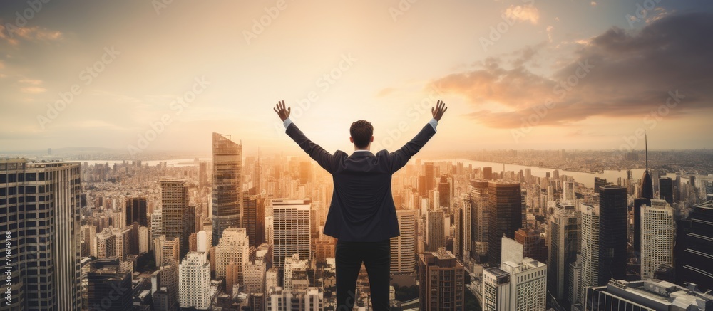 Businessman with arms raised celebrating success on standing in front of modern high-rise city Businessman with arms raised celebrating success on standing in front of modern high-rise city