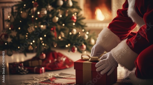Santa claus putting gift boxes under christmas tree on night christmas in house