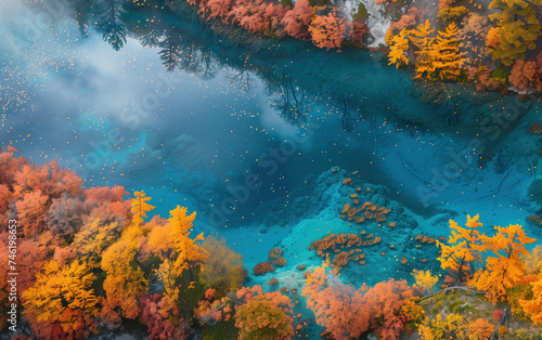 Autumn scenery of Jiuzhaigou Scenic Area, Sichuan, China,created with Generative AI tecnology.