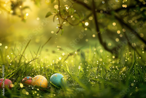 Colorful Easter eggs nestled in morning dew grass